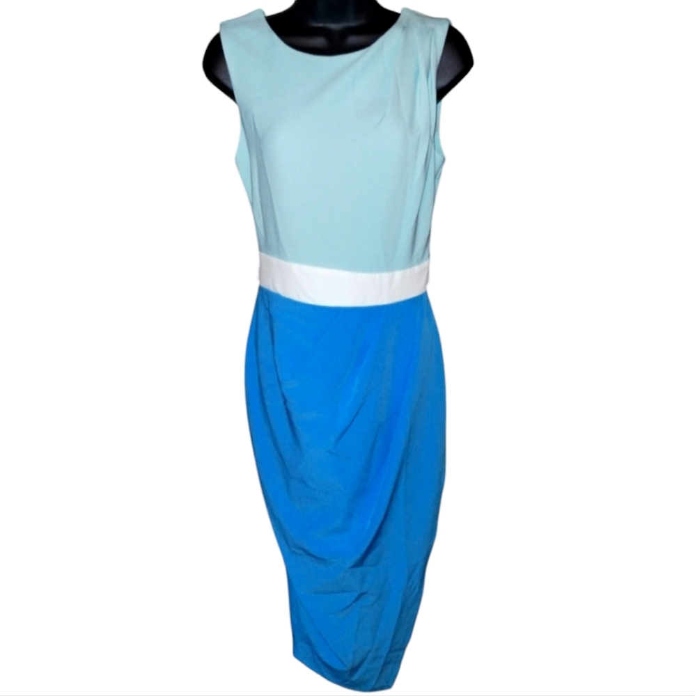 Closet London dress, sleeveless, back bowtie waist, blue and white Size Four